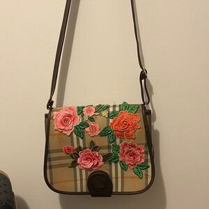 Burberry Plaid Crossbody with Pink & Orange Floral Appliqués